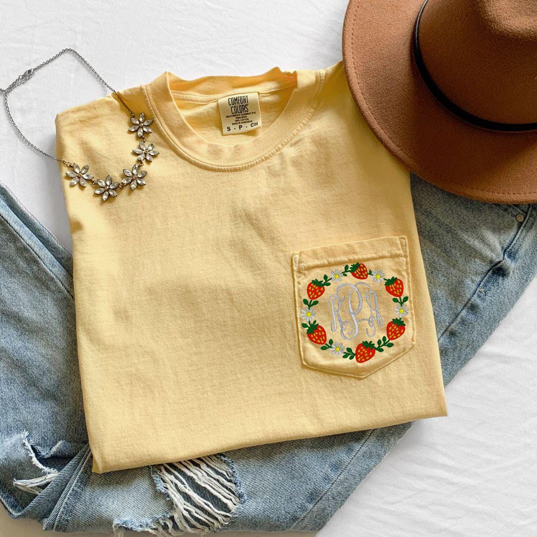 Custom Embroidered strawberry Wreath Pocket Tee | Personalized Script Monogram Shirt