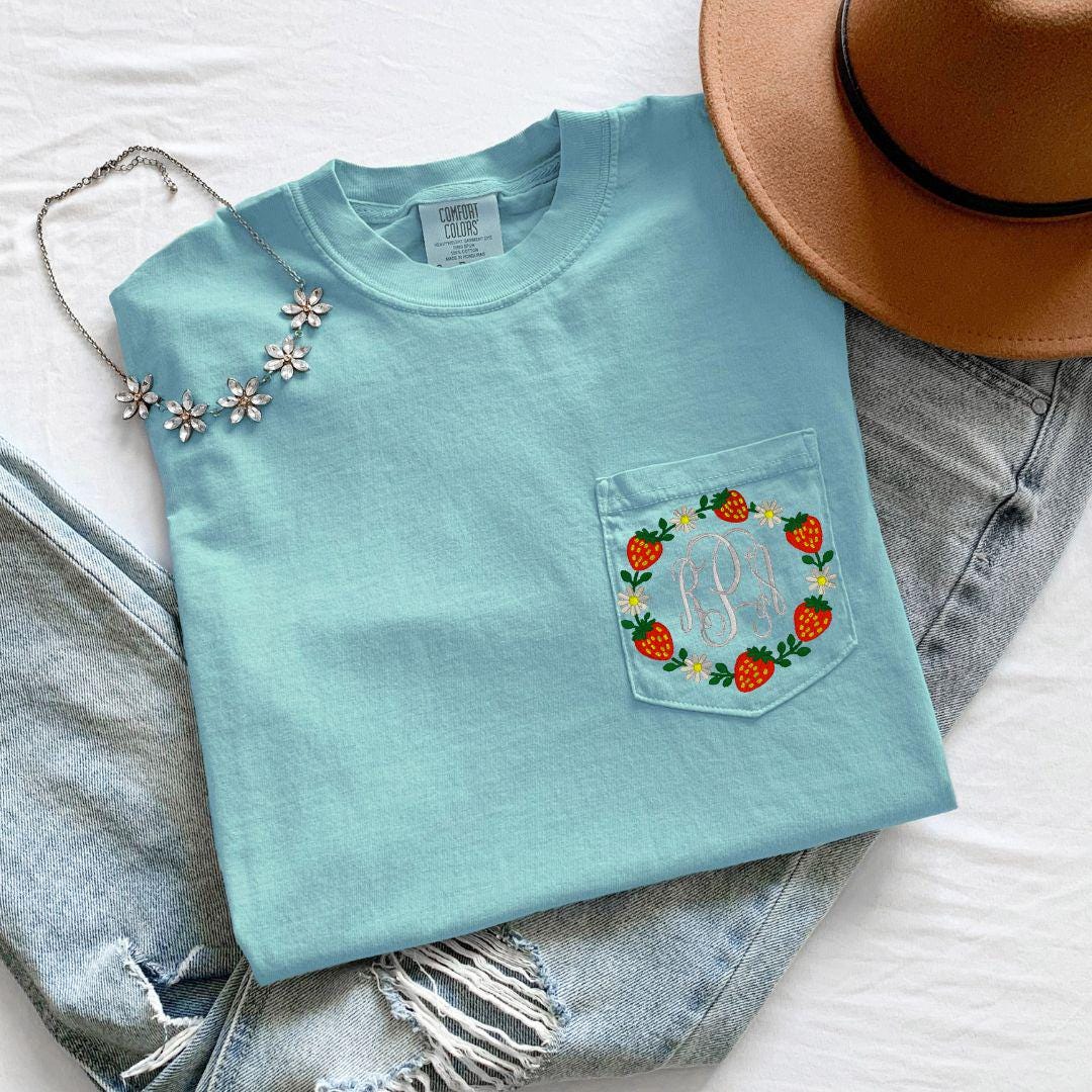 Custom Embroidered strawberry Wreath Pocket Tee | Personalized Script Monogram Shirt