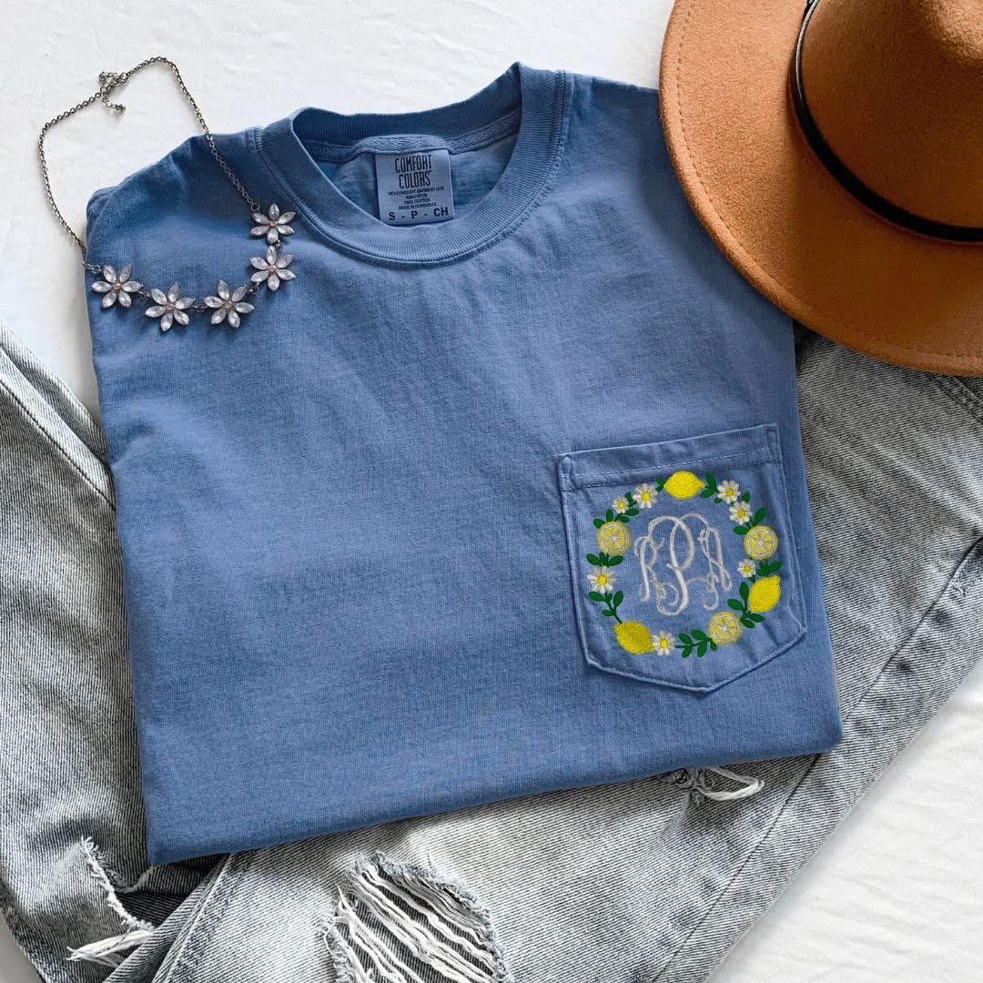 Custom Embroidered Lemon Wreath Pocket Tee | Personalized Script Monogram Shirt