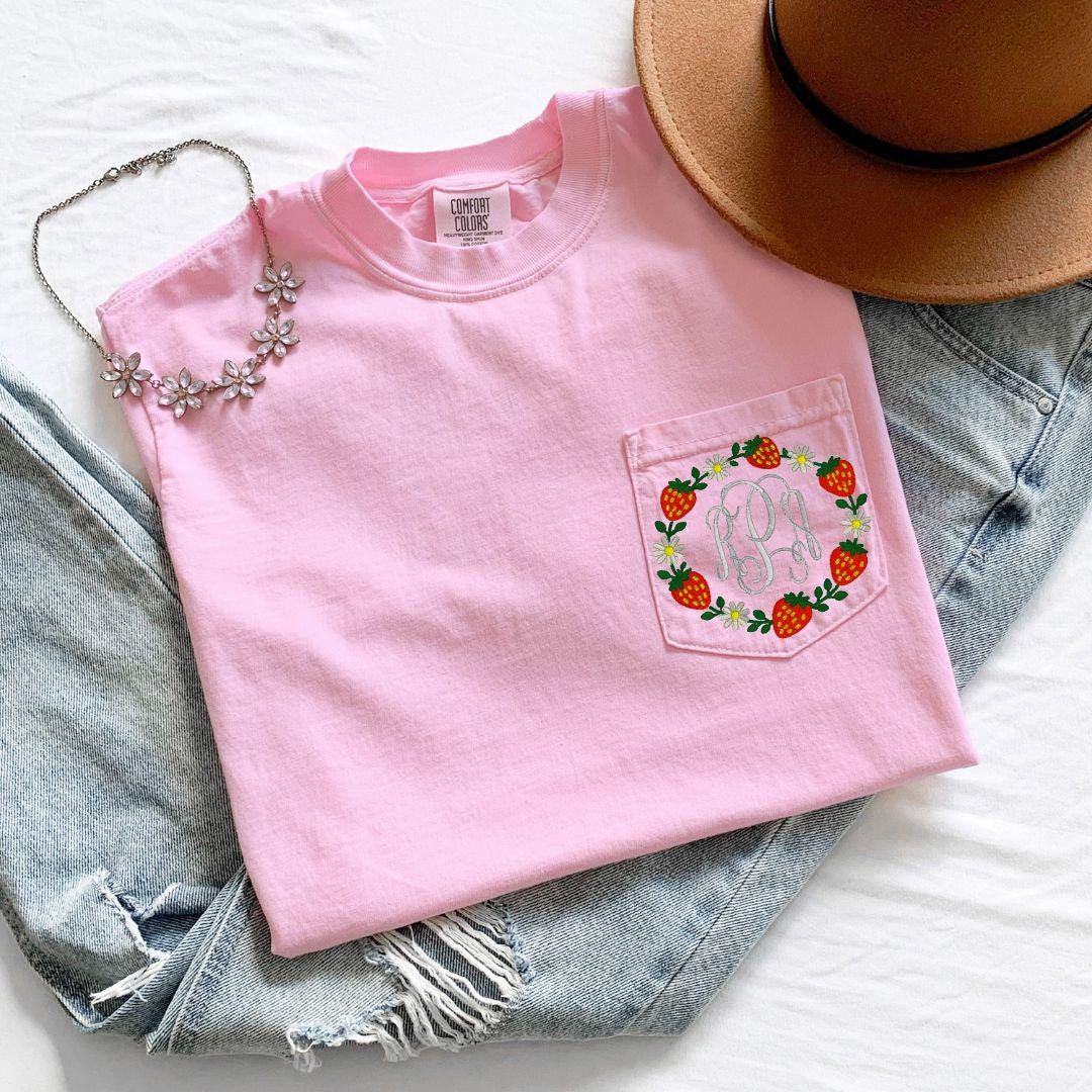 Custom Embroidered strawberry Wreath Pocket Tee | Personalized Script Monogram Shirt