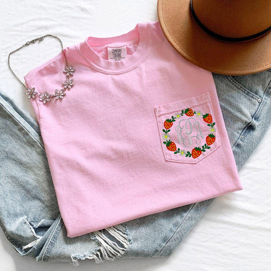 Custom Embroidered strawberry Wreath Pocket Tee | Personalized Script Monogram Shirt