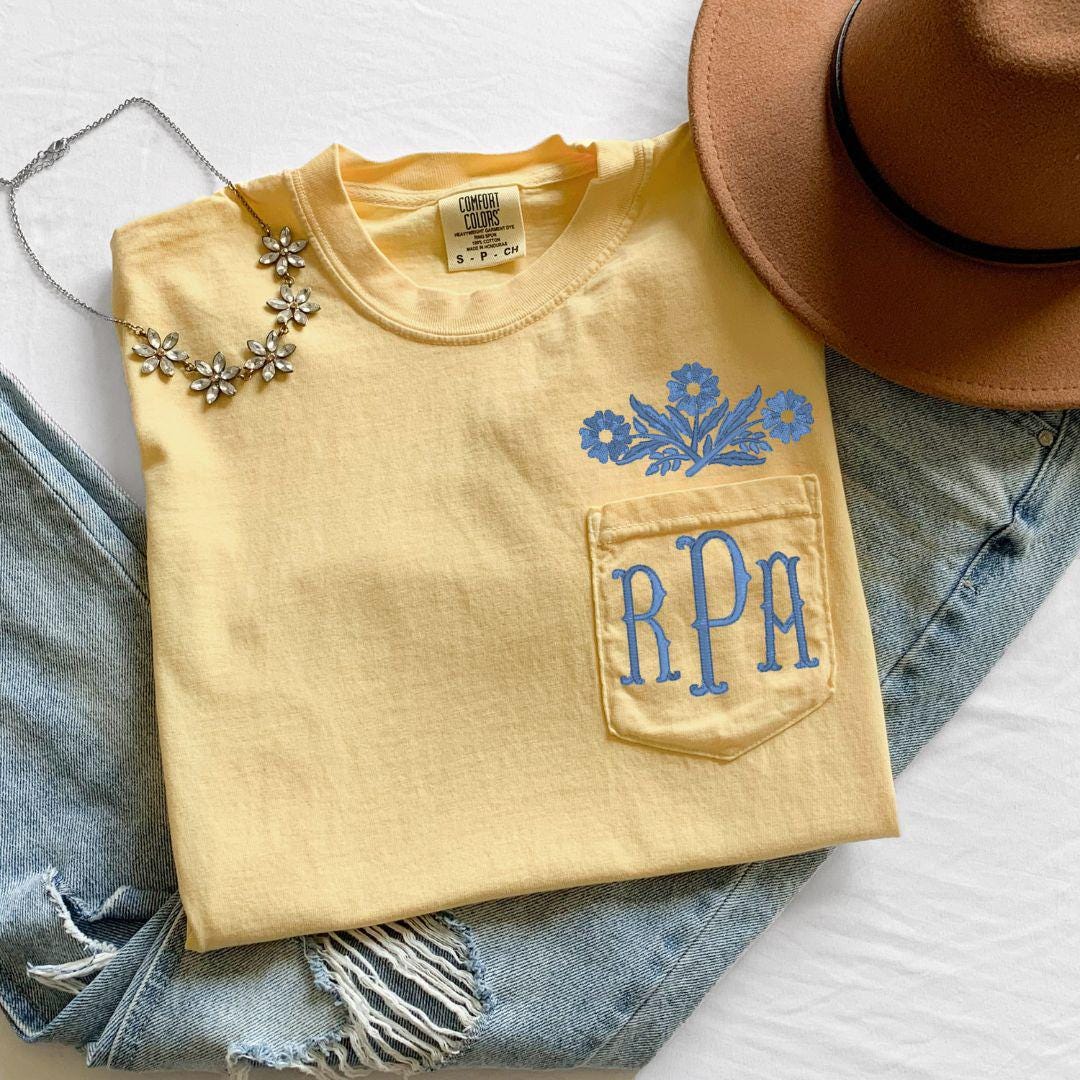 Personalized Cornflower Blue Embroidered Pocket Tee | Floral Monogram Shirt | Custom Initial Embroidered T-Shirt | Personalized Gift