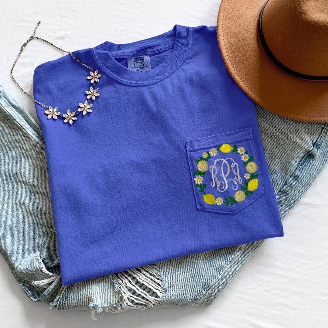 Custom Embroidered Lemon Wreath Pocket Tee | Personalized Script Monogram Shirt