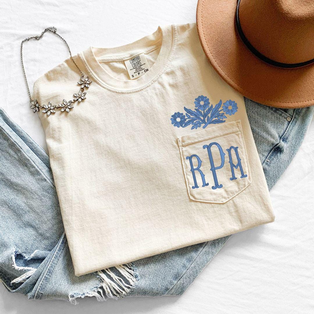 Personalized Cornflower Blue Embroidered Pocket Tee | Floral Monogram Shirt | Custom Initial Embroidered T-Shirt | Personalized Gift